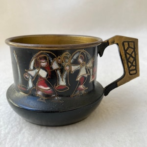 Vintage Israeli Judaica Enamel on Brass Handled Cup