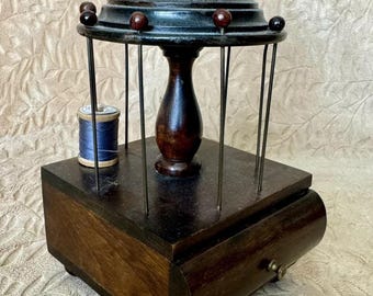 Antique Wood Spool Holder Pin Cushion Sewing Box
