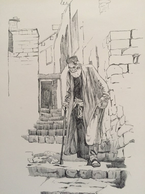 Vintage Judaica Artist Signed Pencil Sketch Wall Art Old Arab Man