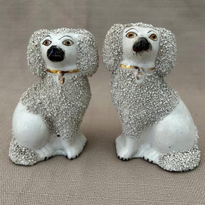 Pair of Antique 19th Century Staffordshire Confetti Spaniel Poodle Porcelain Mantle Dog
