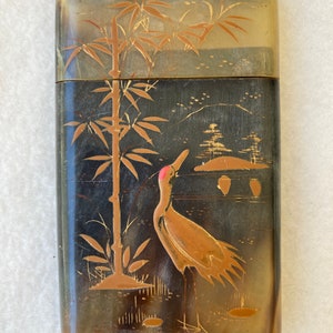 Antieke celluloid nep-schildpad Japanse Chinese reiger chinoiserie bamboe reiger kaarthouder
