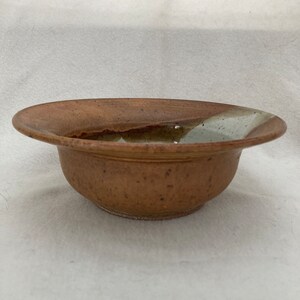 May include: A brown ceramic bowl with a white rim. The bowl has a speckled glaze and a slightly rounded shape.