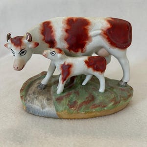 Antique 19th Century Staffordshire Cow and Calf Pottery Flatback Figure Sculpture