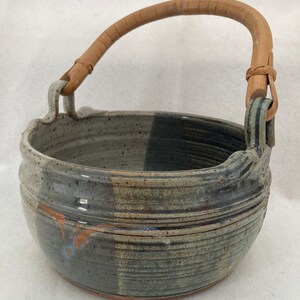 Vintage Signed J August Bamboo Handled Art Pottery Raku Insize Glazed Basket Pot