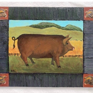 Artist Signed Barbara Moment Pig Painting Folk Art