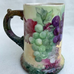 Antique Beleek Art Pottery Handpainted Grape Vine Tankard Mug Stein
