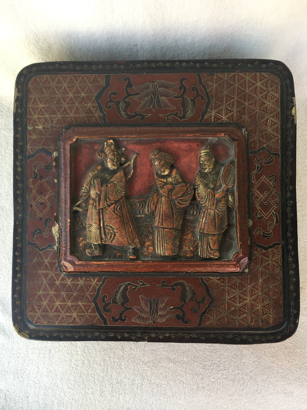 Antique Asian Chinese Japanese Geisha Samurai Carved Lacquer Box - Etsy