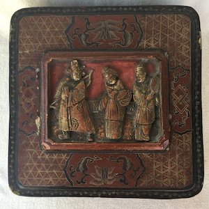 Antique Asian Chinese Japanese Geisha Samurai Carved Lacquer Box