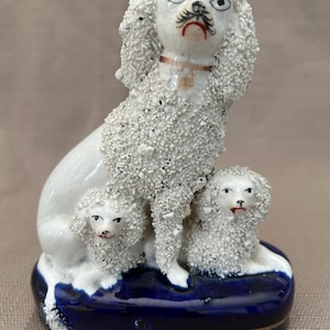Antique 19th Century Staffordshire 3 Figure Puppies Confetti Pebble Glaze Spaniel Porcelain Mantle Dog