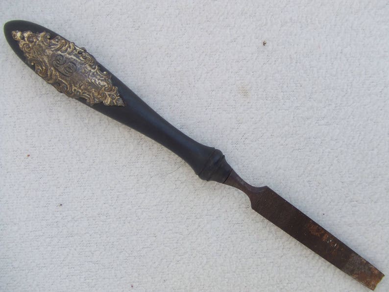 Antique Bronze Ebony Wood Ornate Tool File image 2