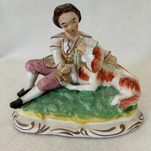 Antike 19 Jahrhundert Staffordshire England Flatback Keramik Mann und Spaniel Hund Skulptur