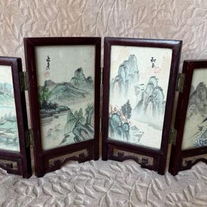 HandPainted Chinese Rosewood Glass Silk Table Top Screen Signed S