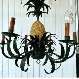Vintage Tole Metal Pineapple Hollywood Regency Tropical Chandelier Light Fixture