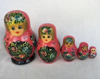 Vintage russische Handbemalte Lackholz fünfteilige Matroschka Puppen