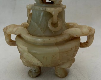 アンティーク 19-20 世紀 中国製 天然翡翠 香炉 手彫り 3本脚 香炉