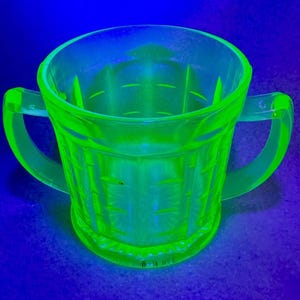 Antique Hazel Atlas Uranium Glass Double Handled Cup