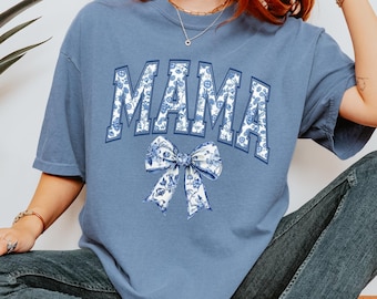 Comfort Colors® Mama Shirt, Blue Ribbon Shirt, Mothers Day Gift, Aesthetic Gift For Mom, Cute Mom Shirt, Toile Bow Shirt, Chinoiserie Shirt