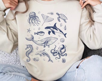Sea Animals Vintage Sweatshirt, Retro Ocean Sweater, Cute Sea Creatures Sweater, Ocean Gifts, Cozy Warm Unisex Sweatshirt, Ocean Lovers