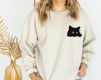 Cat Sweatshirt, Cute Cat Sweatshirt, Black Cat Shirt, Cat Peeking Sweatshirt, Womens Funny Sweater, Gift for Cats Lover, Cat Mom Sweatshirt