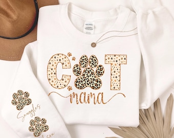 Custom Leopard  Cat Mama Sweatshirt with Pet Name on Sleeve, Cat Mom Sweatshirt, Cat Lover Gift,Cat Mom Shirt, Custom Crewneck Sleeve Design