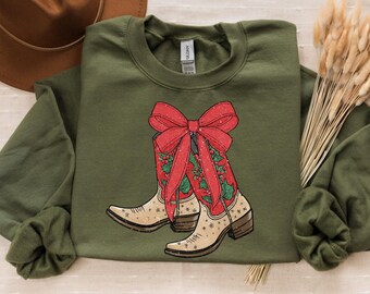 Western Christmas Sweatshirt, Coquette Cowgirl Sweatshirt, Cowboy Christmas Shirt, Cowgirl Boots Sweatshirt, Farm Christmas Shirt, Xmas Tee