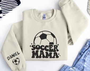 Personalize Soccer Mom Kids Name On Sleeve Sweatshirt, Mom Soccer Sweater, Soccer Mama Shirt, Gift for Soccer Mom, Fall Soccer Season Shirt