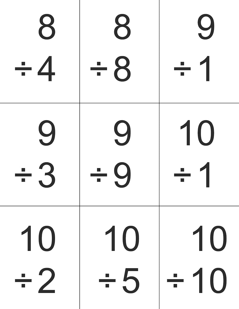 Flash Cards Homeschool Math Facts Printable Division Numbers Etsy