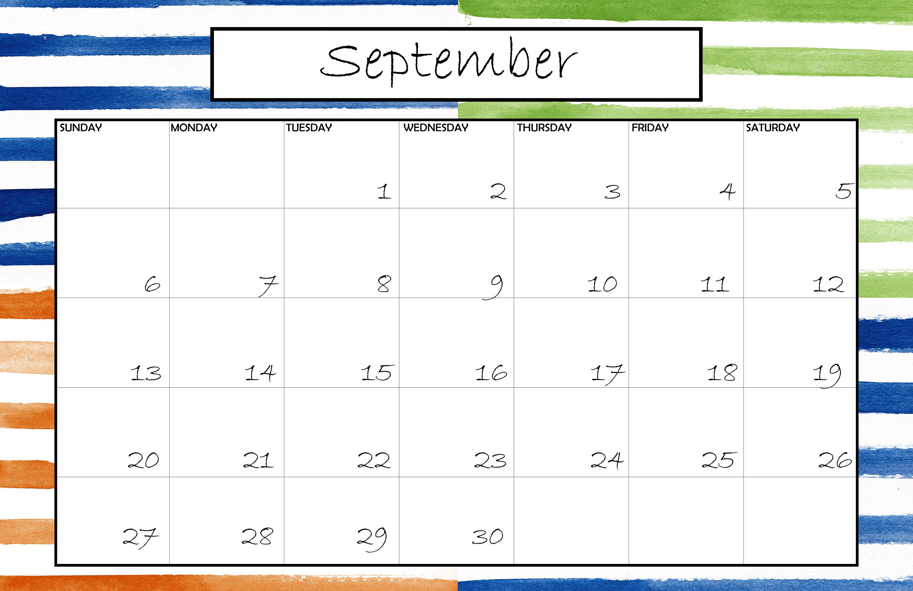 Printable Blank Calendar 11x17 Watercolor Stripes Calendar Etsy