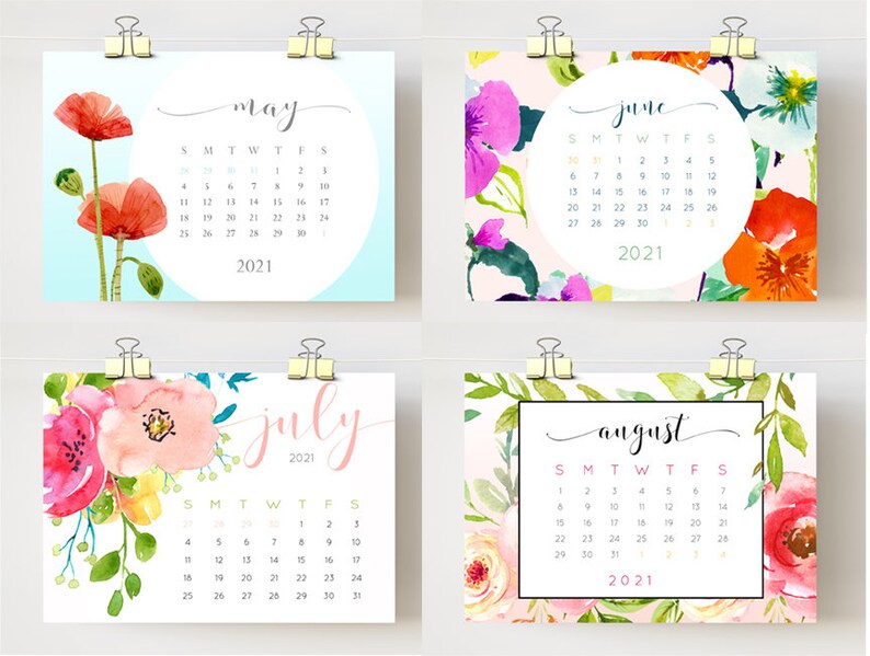 Calendar 2021 Printable floral desk calendar watercolor Etsy