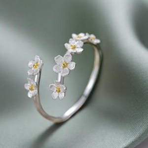 Vergeet-mij-nietje-ring, 925 sterlingzilver, verstelbare bloemenring, natuurliefhebber sieraden cadeau voor vrouwen