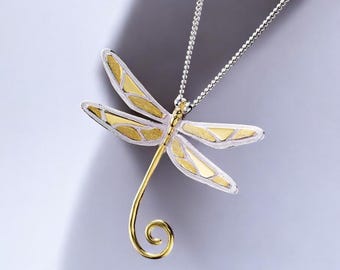 Collana con libellula, ciondolo con libellula, argento sterling 925, placcato oro 18 carati, gioielli fatti a mano