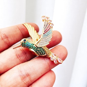 Gold Hummingbird Pendant | 925 Sterling Silver Bird Necklace | Large Colorful Jewelry Gift for Woman | Chain Optional