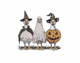 Halloween Goose Trio Embroidery Design 3 Sizes. Funny Witch, Ghost & Pumpkin Embroidery Design. Spooky Cute Machine Embroidery Design.