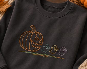 Pumpkin Ghosts 7 Sizes Embroidery Design, Halloween Machine Embroidery Pattern, Colorful Spooky Outline Machine Embroidery Digital File.