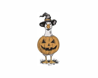 Pumpkin Goose Embroidery Design. 7 Sizes. Funny Halloween Goose in Witch Hat Embroidery. Halloween Decor Embroidery Design.