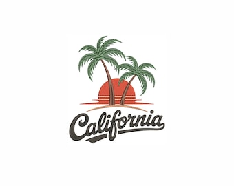 California Embroidery Design 6 Sizes, Retro Beach Sunset Machine Embroidery Pattern, Palm Trees Digital File, West Coast Vacation Embroidery