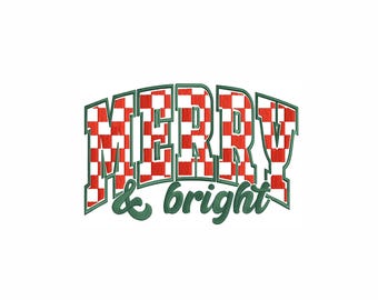 Merry and Bright Without White Color Machine Embroidery Design. 7 Sizes. Checkered Embroidery Design. Varsity Christmas Embroidery Design.