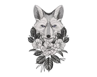 Fox And Flowers Machine Embroidery Design. 4 Sizes. Animal Embroidery Design. Wildlife Embroidery Design. Digital Embroidery.