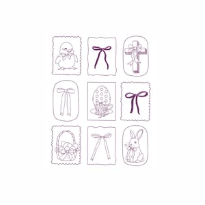 May include: A collection of nine purple line art illustrations on a white background. The illustrations include a chick, bows, a cross, an Easter egg in a teacup, a basket of eggs, and a bunny. Each image is framed.
