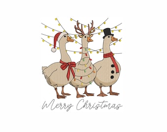 Merry Christmas Goose Embroidery 5 Sizes. Funny Holiday Geese Trio Embroidery, Christmas Lights Embroidery, Festive Machine Embroidery File.