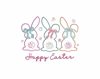 Happy Easter Bunny Embroidery Design 7 Sizes, Coquette Bow Easter Rabbit Outline Embroidery Design, Spring Machine Embroidery File.