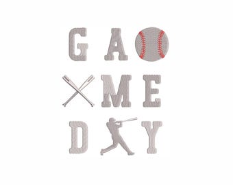 May include: A white background features the phrase "GAME DAY" in grey, block letters. A baseball with red stitching replaces the letter "O". Crossed baseball bats and a baseball player silhouette are also included.