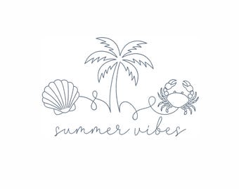 Summer Vibes 7 Sizes Machine Embroidery Design, Beach Palm Tree Shell Crab Line Art Embroidery, Coastal Quote Embroidery, Instant Download.