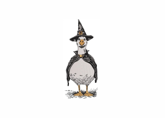 Witch Goose Embroidery Design. 7 Sizes. Halloween Duck with Hat and Cape, Spooky Cute Fall Machine Embroidery Design.