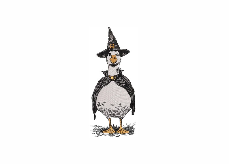 May include: An embroidered illustration of a goose dressed as a witch. The goose wears a black witch hat with a gold buckle, a black cape, and a gold clasp. The goose stands on a patch of grass, with a white background.