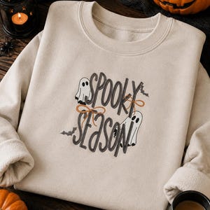 Spooky Season 5 Sizes Machine Embroidery Design, Halloween Ghost Bat Bow Retro Letters Embroidery Design, Fall Autumn Embroidery Design.