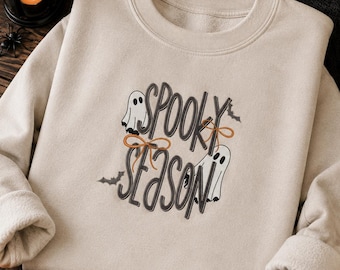 Spooky Season 5 Sizes Machine Embroidery Design, Halloween Ghost Bat Bow Retro Letters Embroidery Design, Fall Autumn Embroidery Design.