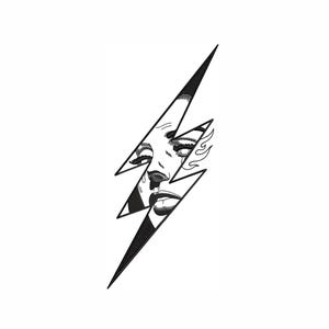 May include: A black and white illustration of a lightning bolt with a woman's face inside. The woman's eyes are closed and her mouth is slightly open.