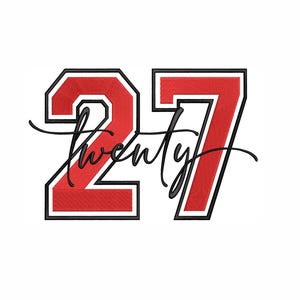 May include: A graphic design featuring the number "27" in red with a black outline, and the word "twenty" in a cursive font. The design is set against a white background, creating a bold and clear visual.