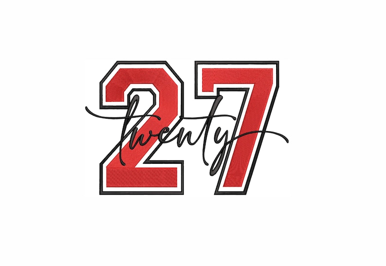 May include: A graphic design featuring the number "27" in red with a black outline, and the word "twenty" in a cursive font. The design is set against a white background, creating a bold and clear visual.